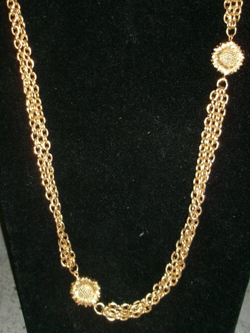 Vintage 1928 Sunflower Triple Strand Sunflower Necklace - 30"